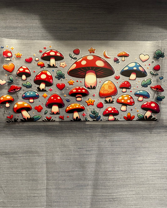 Multiple Red Orange and Blue Mushrooms